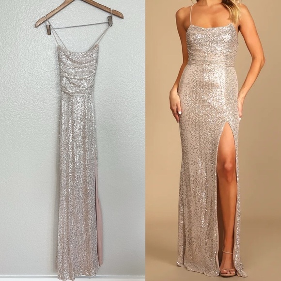 Evenings of Elegance Silver Sequin Lace-Up Maxi Dress - Picture 1 of 10